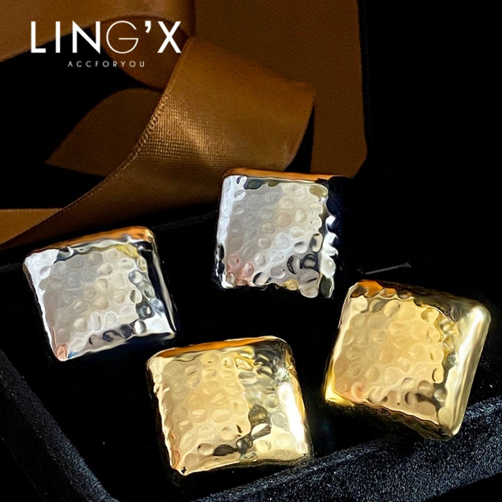 Metal Hammer Texture Square Earrings Gold and Silver